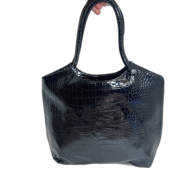Neiman Marcus 90s Vintage Black Patent Leather Crocodile Shoulder Bag Purse - Picture 1 of 8